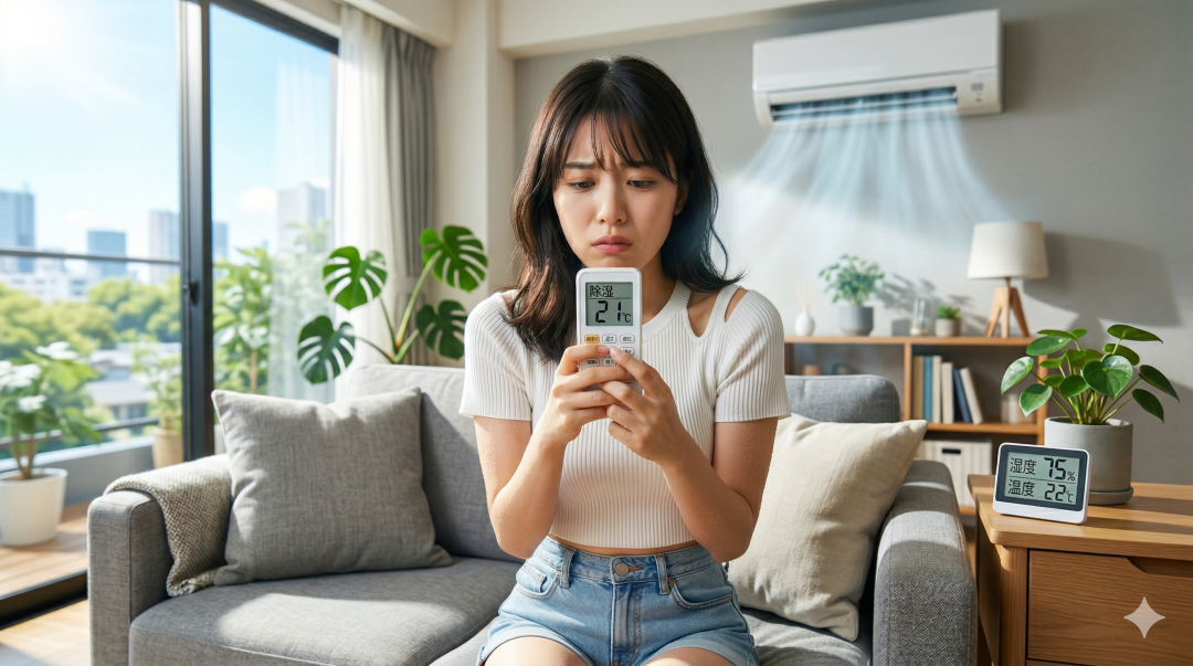 エアコンのドライ運転が寒すぎて困っている女性 ソファに座り、寒そうな顔でエアコンのリモコンを持つ女性