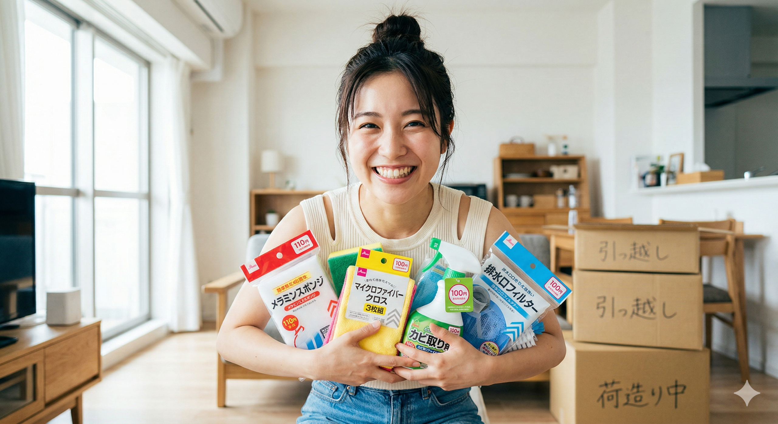 100円ショップの掃除用具を持って笑顔で座る女性。背景には「引っ越し」と書かれた段ボール箱。