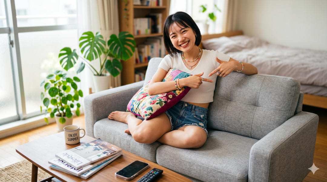 快適なワンルーム - コンパクトソファで笑う日本人女性 明るい日当たりの良い部屋で、グレーのソファに座り、笑顔でソファを指さす日本人女性