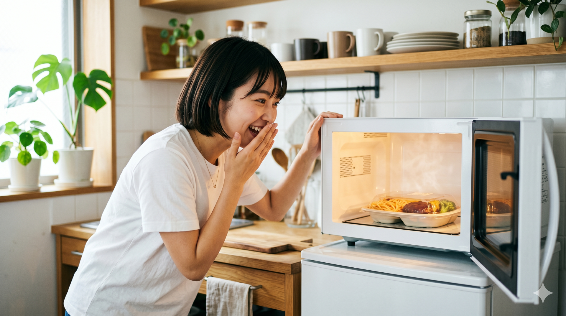 電子レンジを開けて、温まった湯気の立つお弁当に驚き喜ぶ日本人女性。