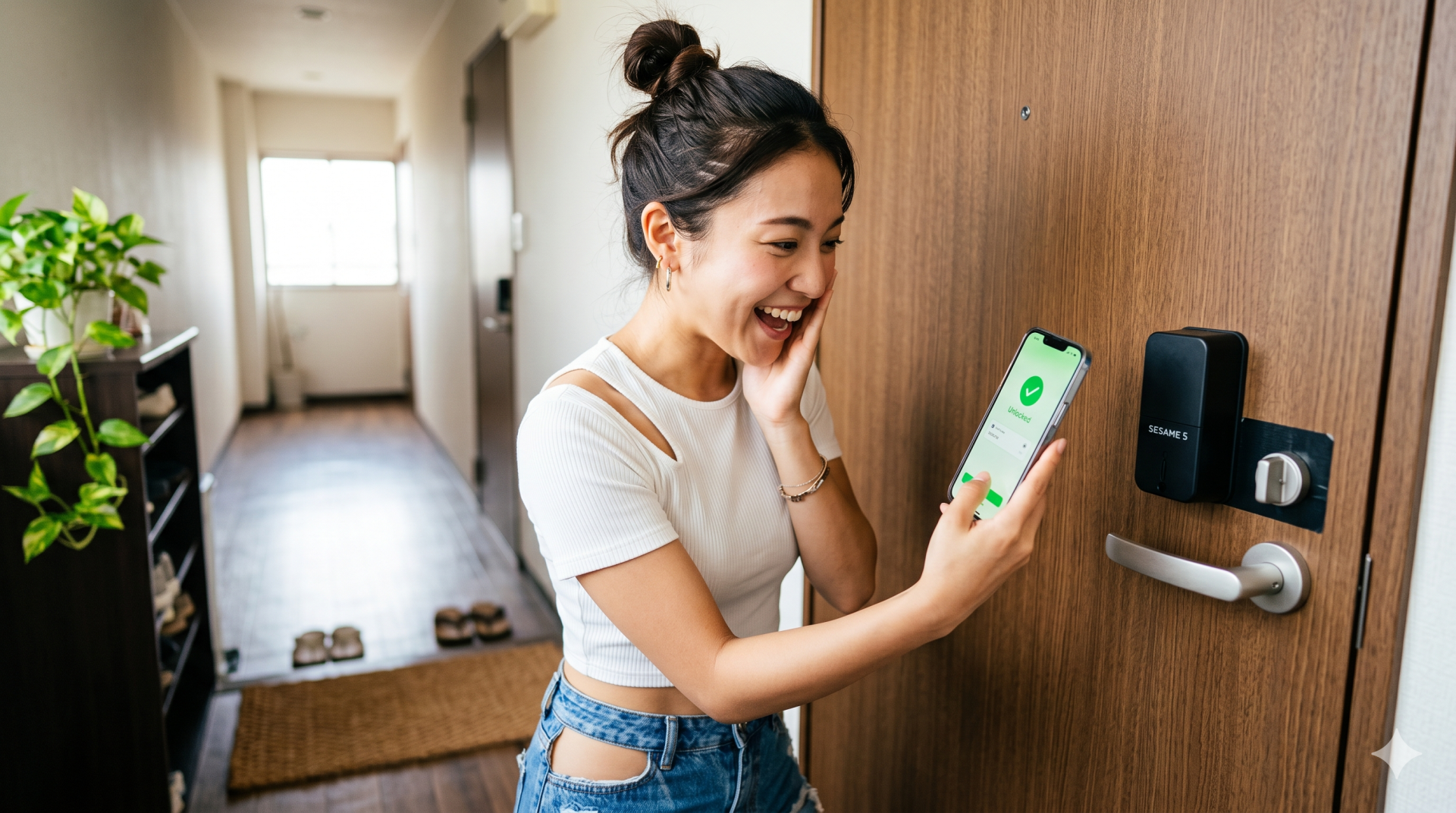 玄関でスマートフォンを使い、スマートロック「セサミ5」を解錠して喜んでいる20代の日本人女性
