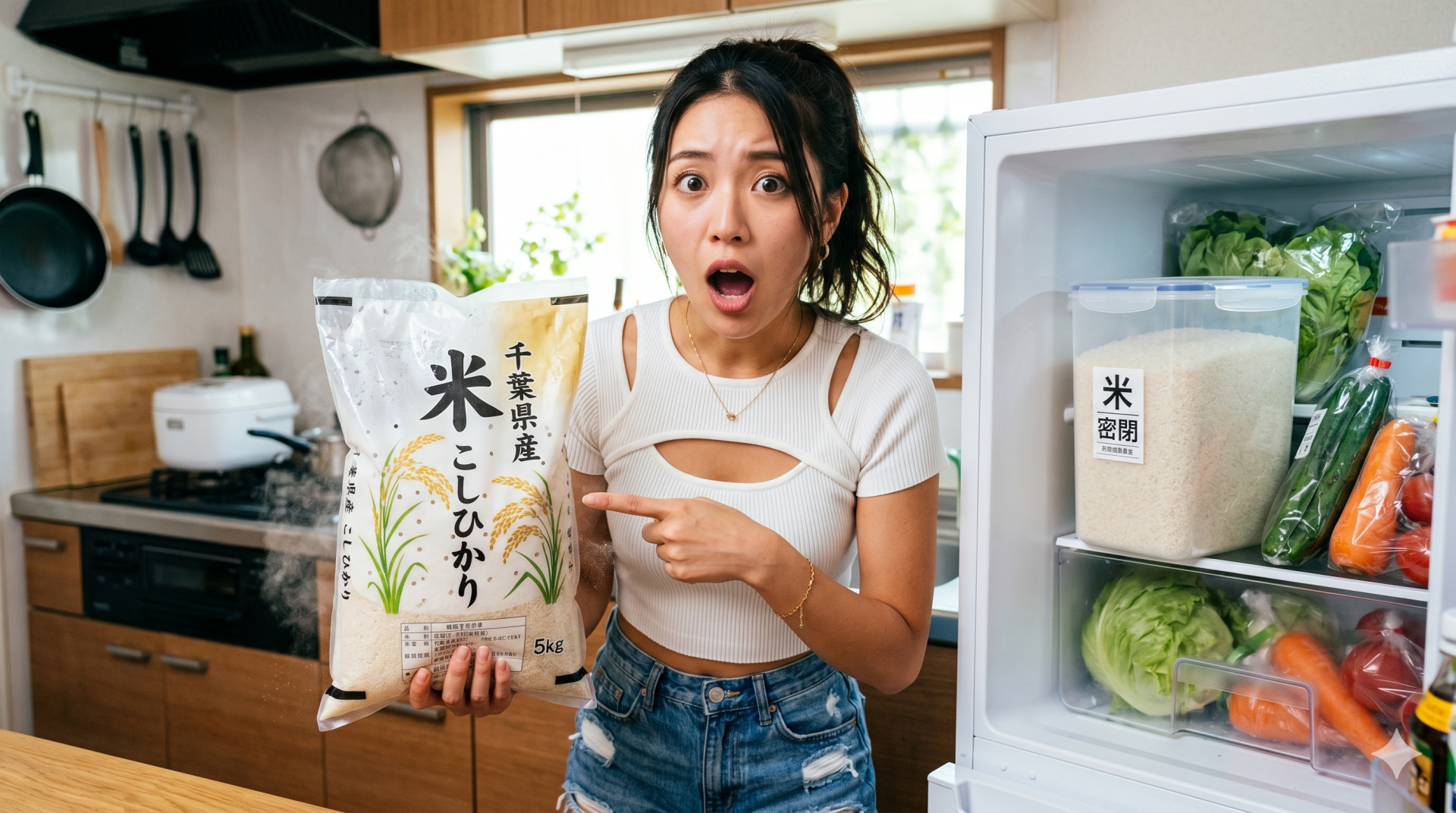 冷蔵庫の中の密閉米容器と手に持った穴あき米袋を指さし、驚いた表情をする若い日本人女性。