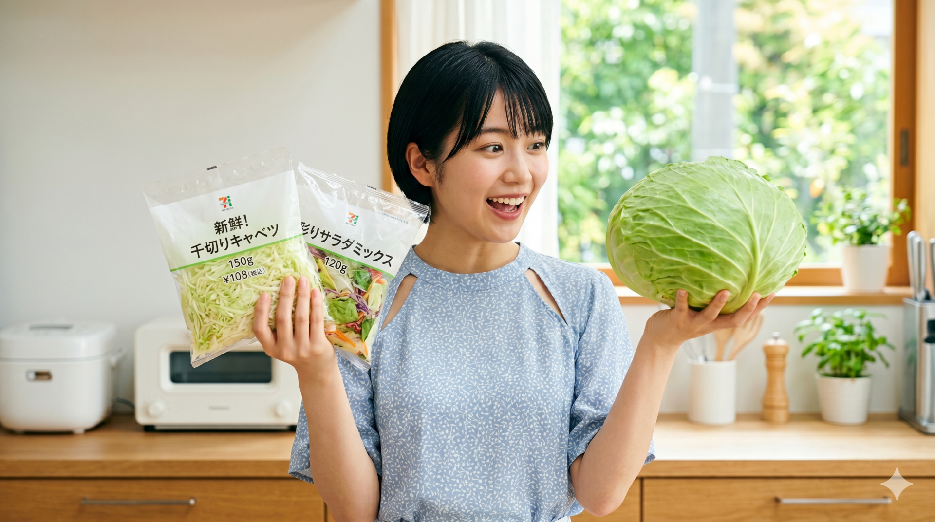 明るいキッチンで、ショートヘアの女性が丸ごとのキャベツと、パック入りのカット野菜を両手に持って驚いている様子