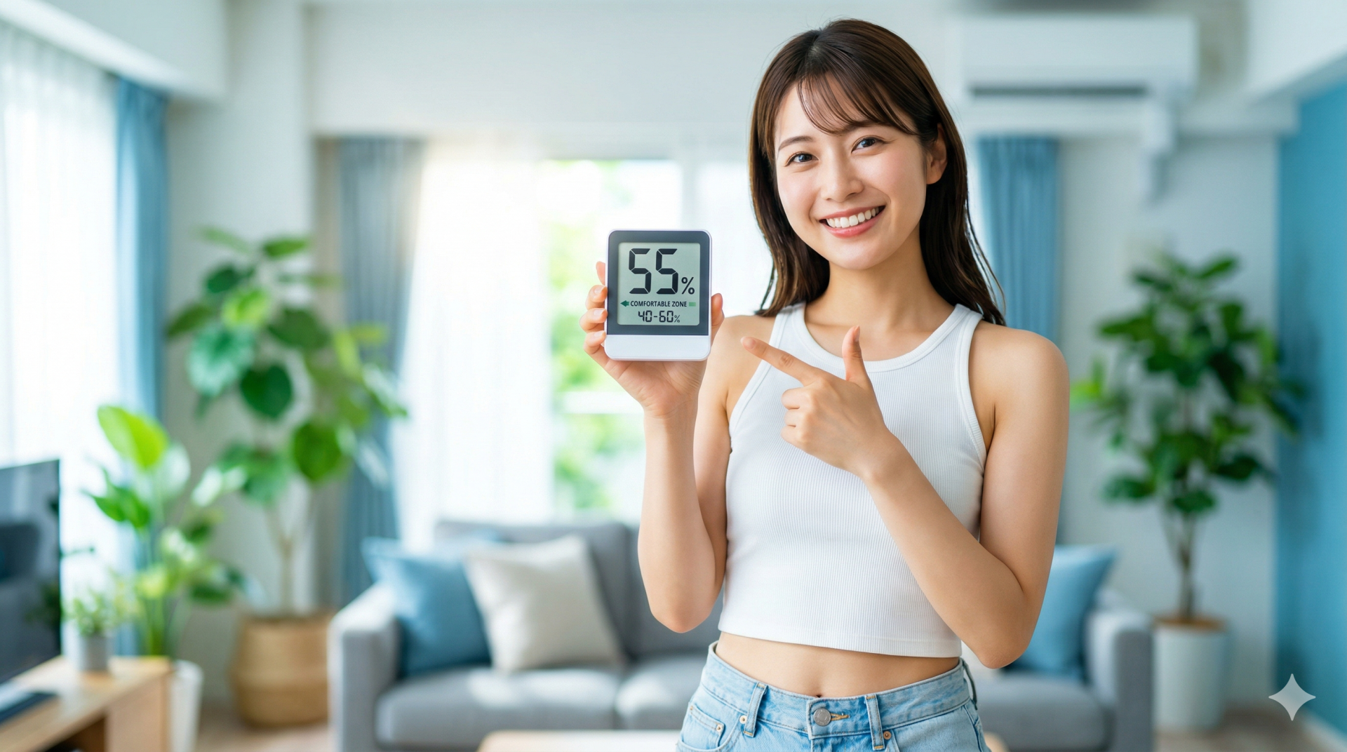 適正湿度の55パーセントを示す温湿度計を指差して笑顔を見せる女性と明るいリビングルーム