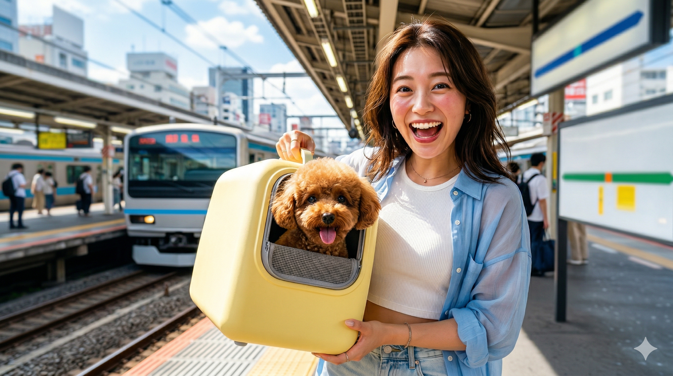 駅のホームで、黄色いペットキャリーに入ったトイプードルを抱えて喜んで笑っている女性