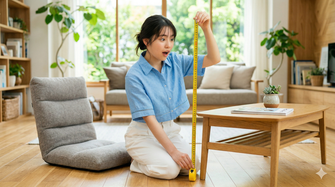 明るい和モダンなリビングルームで、床に座った女性が驚いた表情でメジャーを持ち、座椅子の高さを測っている