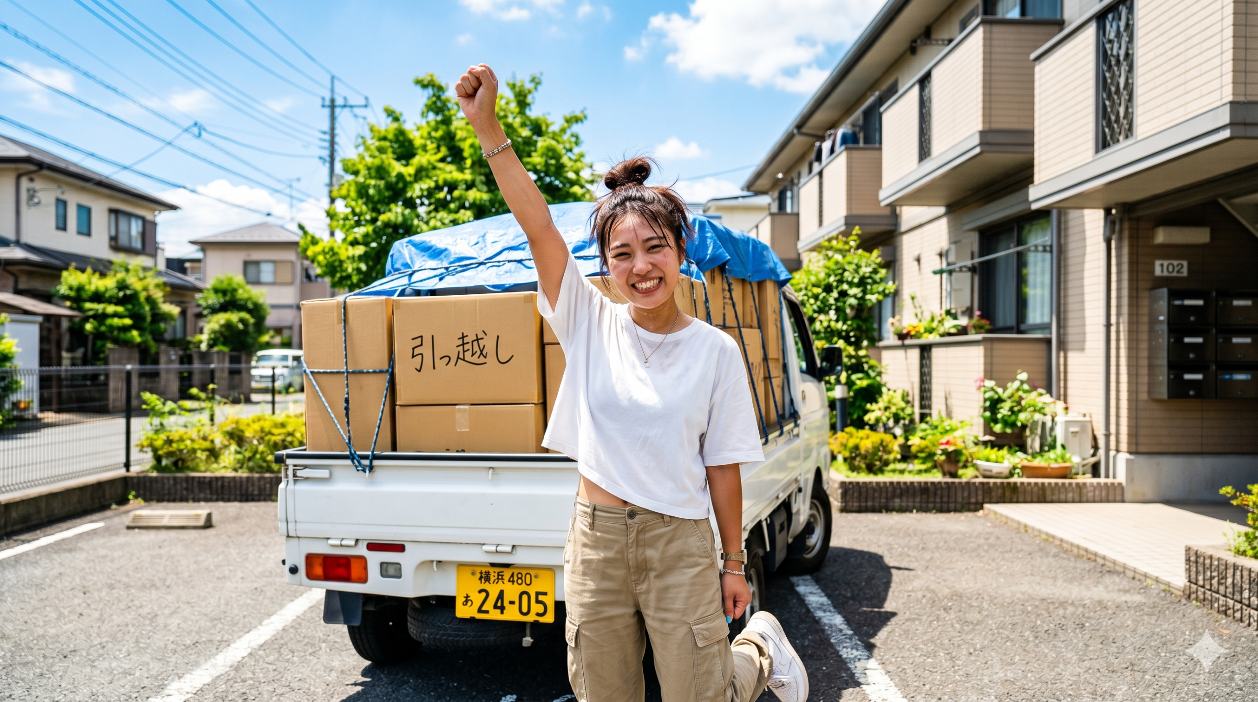 引っ越しの荷物を積んだ軽トラックの前で、右手を挙げて笑顔でガッツポーズをする日本人女性