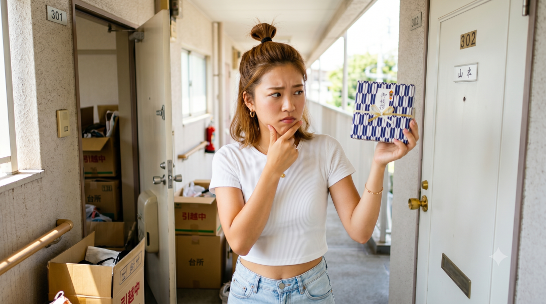 引っ越し挨拶のプチギフトを前に悩む女性