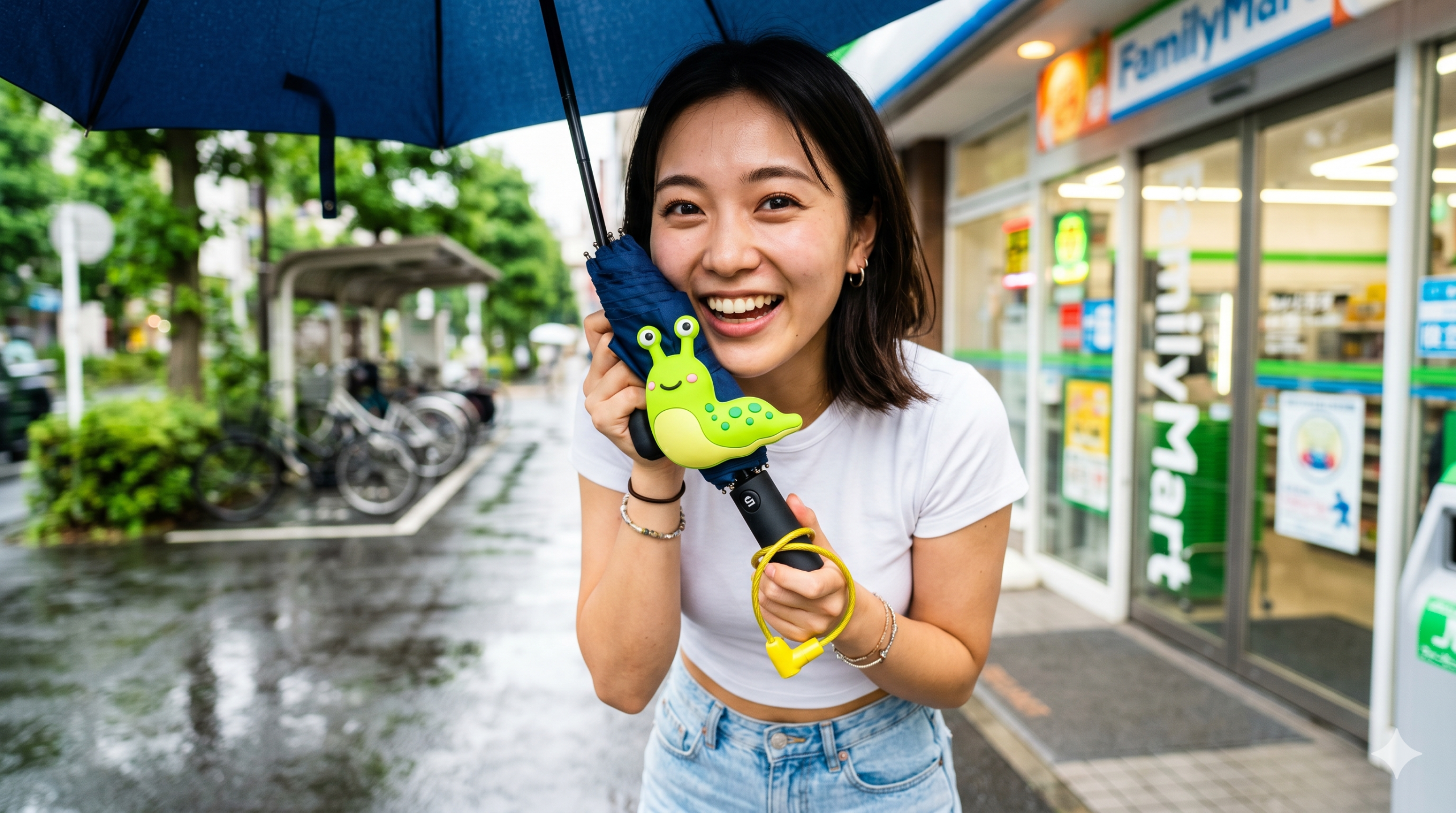笑顔の日本人女性とユニークな緑のナメクジ型傘チャーム_日本のコンビニエンスストア前