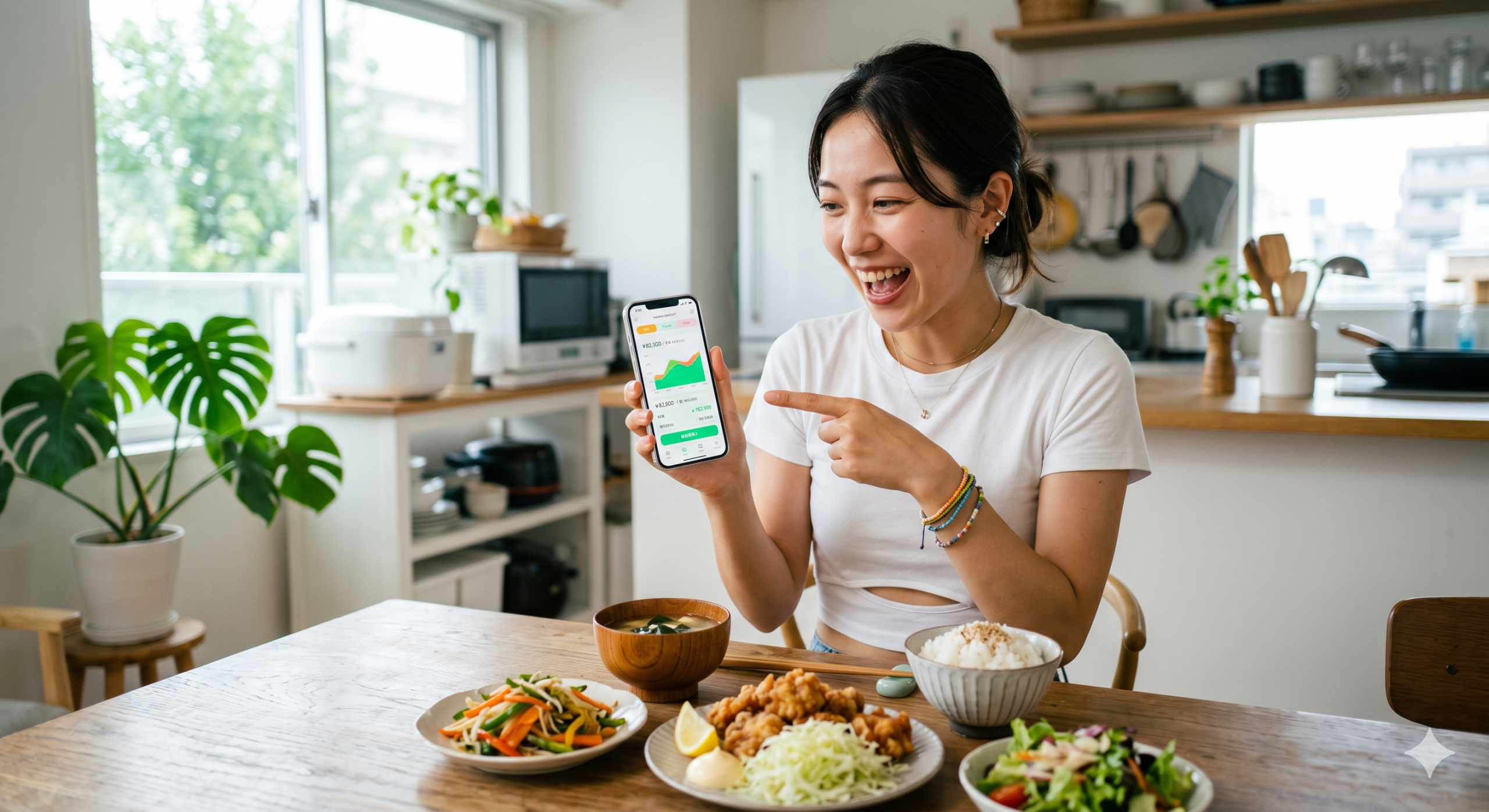日本の定食が並ぶテーブルで、スマートフォンに表示された家計簿アプリの画面を指差して笑顔を見せる女性