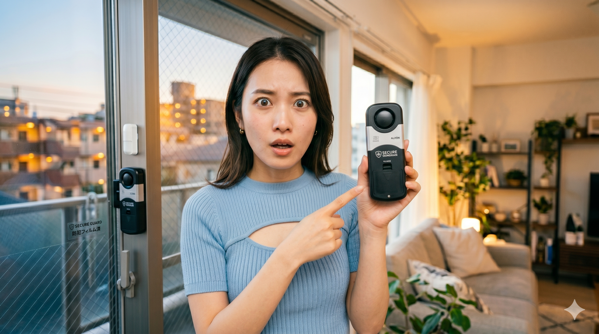 窓用防犯アラームを手に持ち、驚いた表情でカメラを見つめる若い女性。