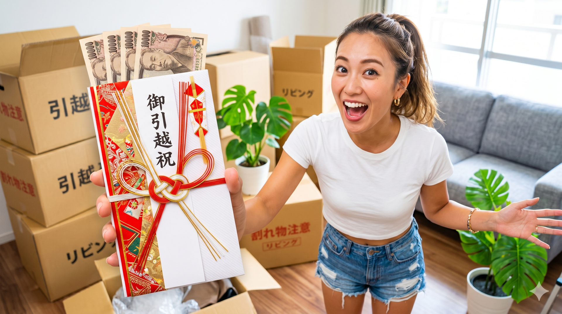 段ボールに囲まれた新居で、豪華な御引越祝の袋と中身の新札をカメラにかざして驚き、喜ぶ日本人女性の姿