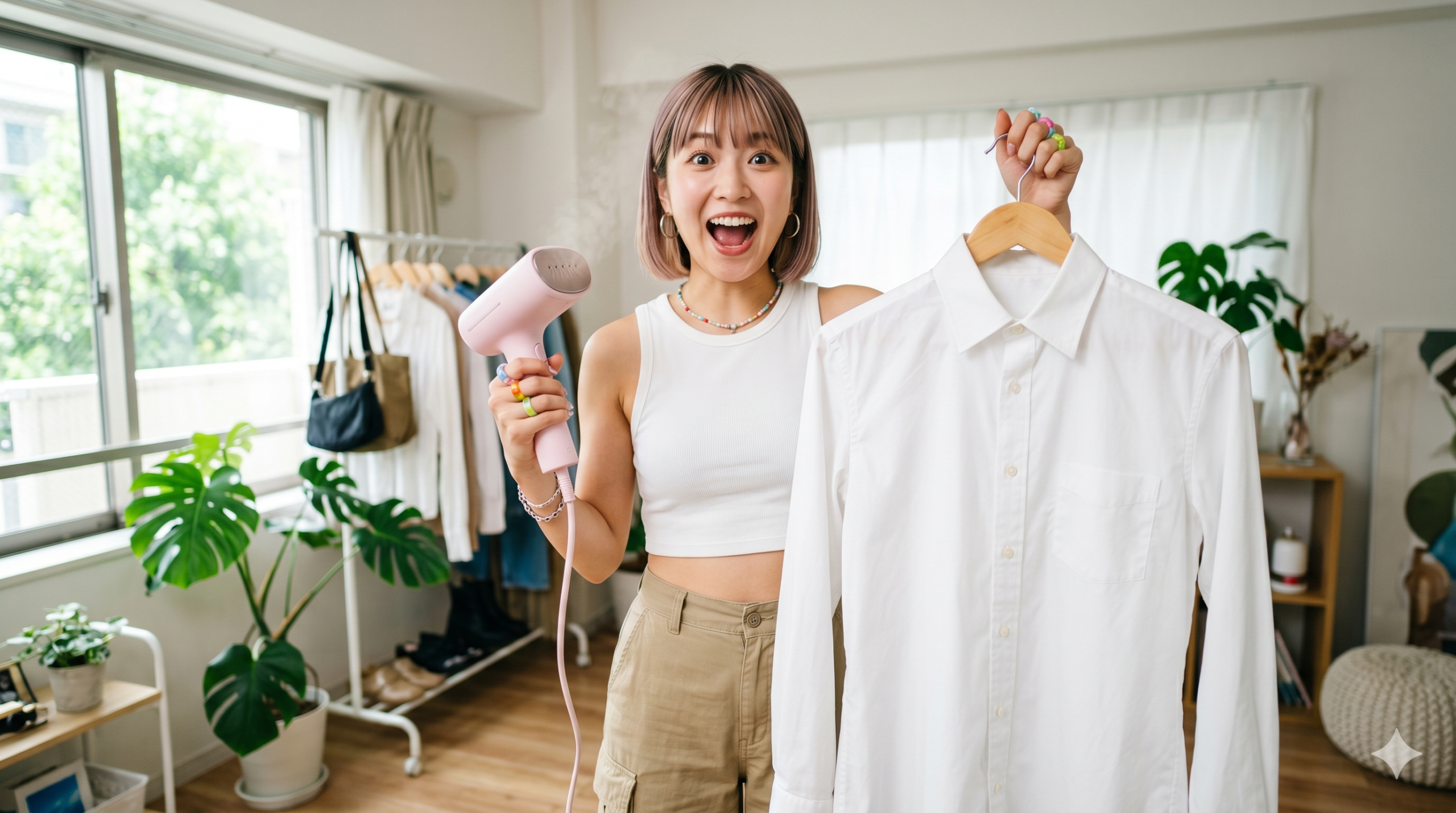 ピンクの衣類スチーマーとシワのない白シャツを持って驚く若い女性