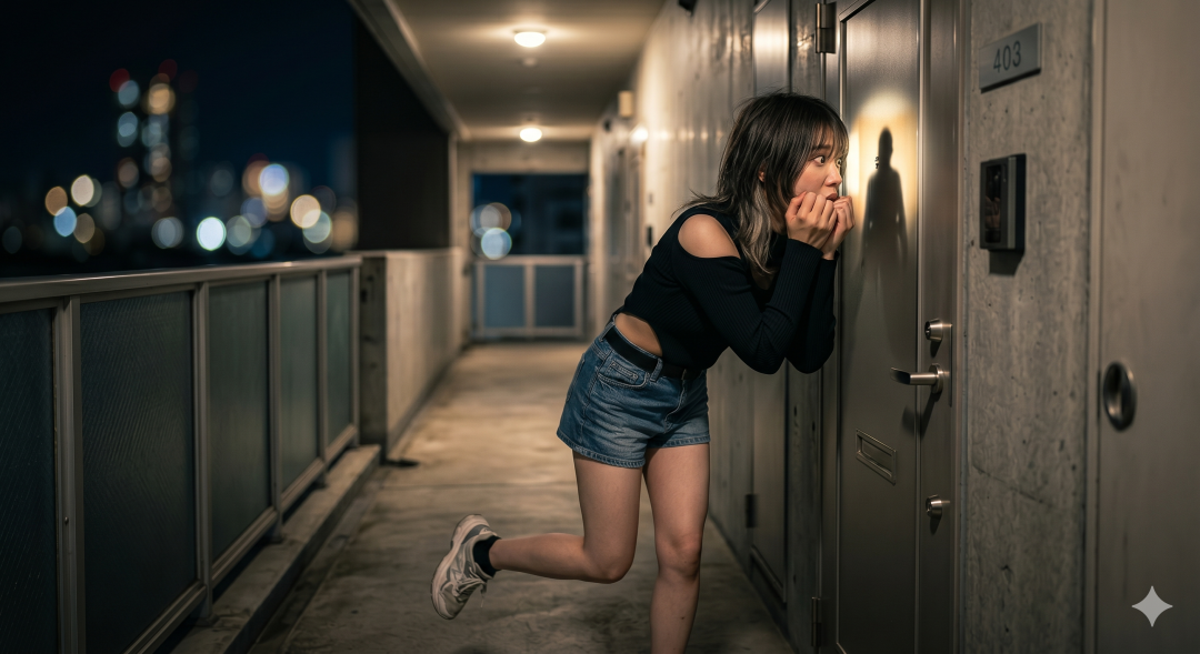 夜のアパートの外廊下で、怯えた表情でドアを覗き込む女性。