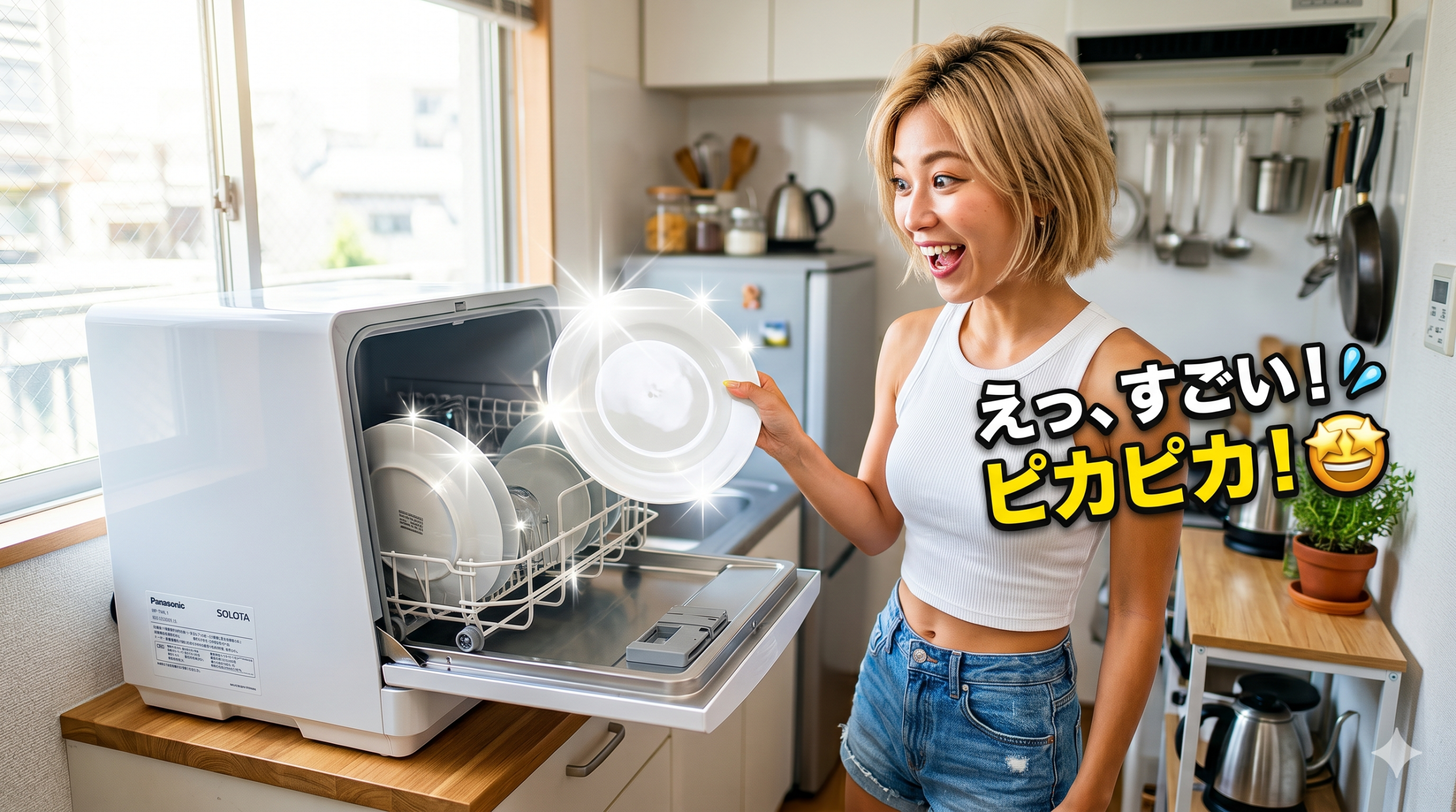 明るいキッチンで、卓上食洗機からピカピカに輝く皿を取り出し、驚き喜ぶ金髪女性