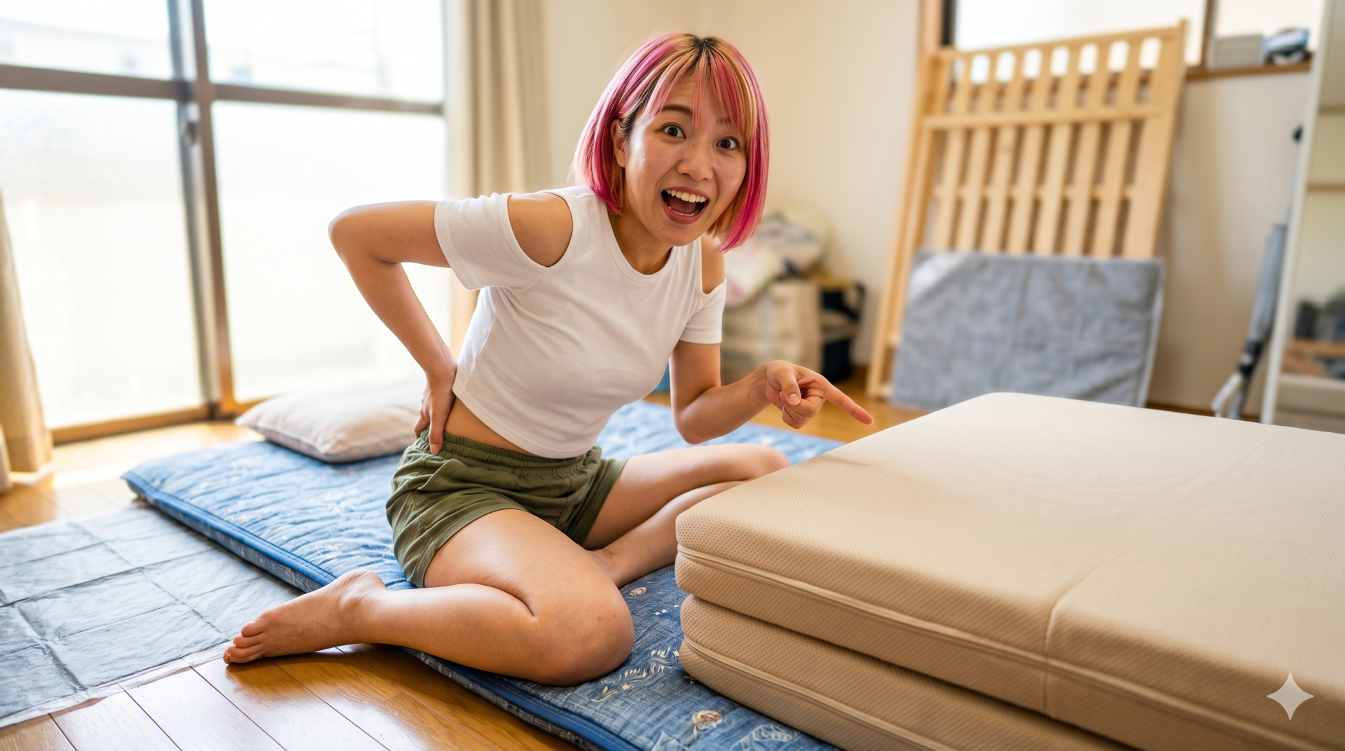 腰痛に悩む女性が、新しい高反発マットレスを指差している様子