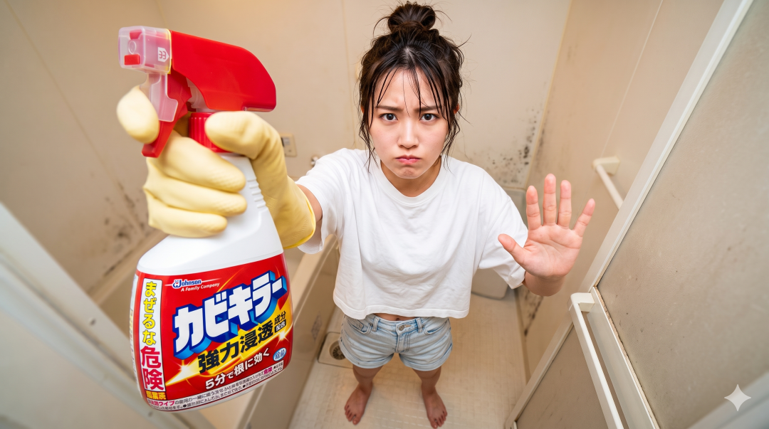 カビキラーを持つ女性の警告ポーズ カビの生えた浴室で、黄色い手袋の女性がカビキラーのボトルを突き出し、真剣な表情でストップのポーズをとるハイアングル写真。