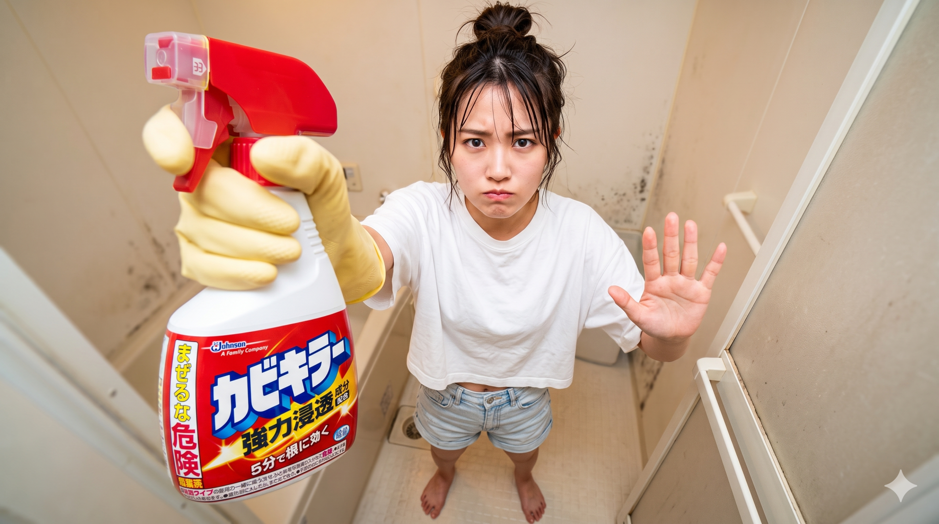 カビキラーを持つ女性の警告ポーズ カビの生えた浴室で、黄色い手袋の女性がカビキラーのボトルを突き出し、真剣な表情でストップのポーズをとるハイアングル写真。