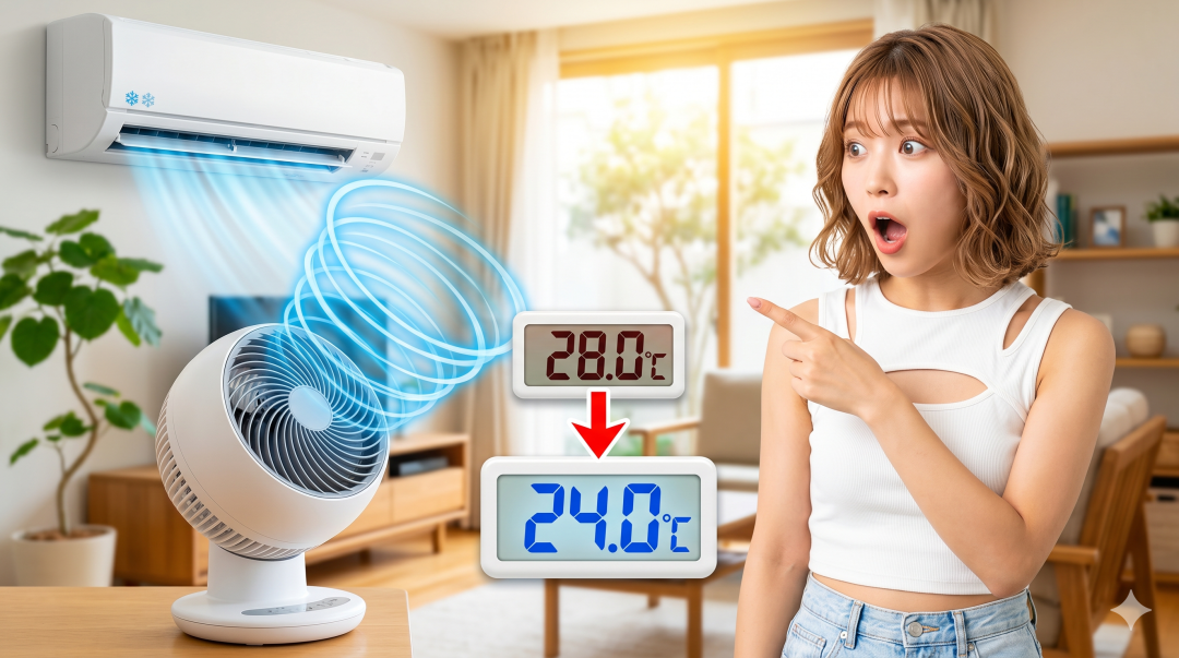 驚いた表情の女性が、エアコンとサーキュレーターの併用で室温が28.0℃から24.0℃に下がったことを示す温度計を指差している
