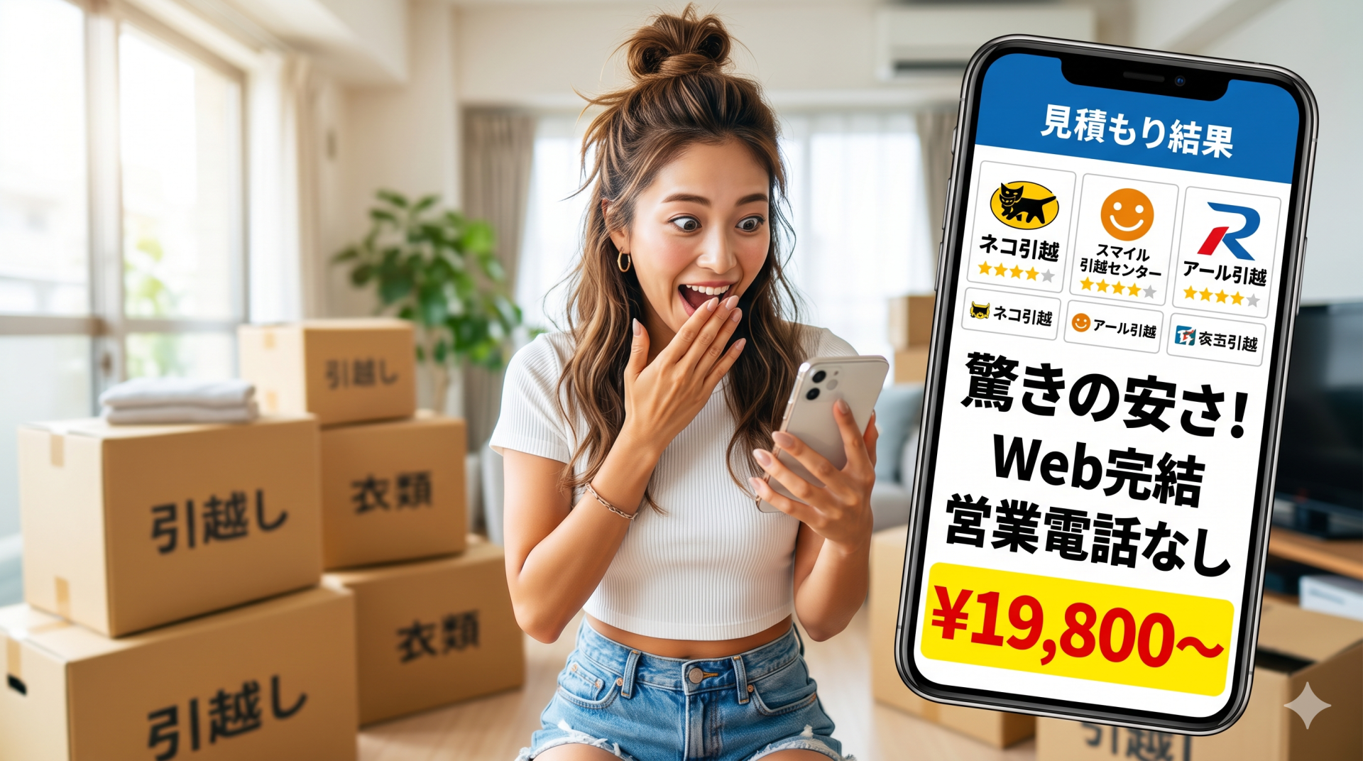 引越し段ボールがある部屋で、スマートフォンに表示された見積もり結果を見て驚く日本人女性。画面には「見積もり結果」