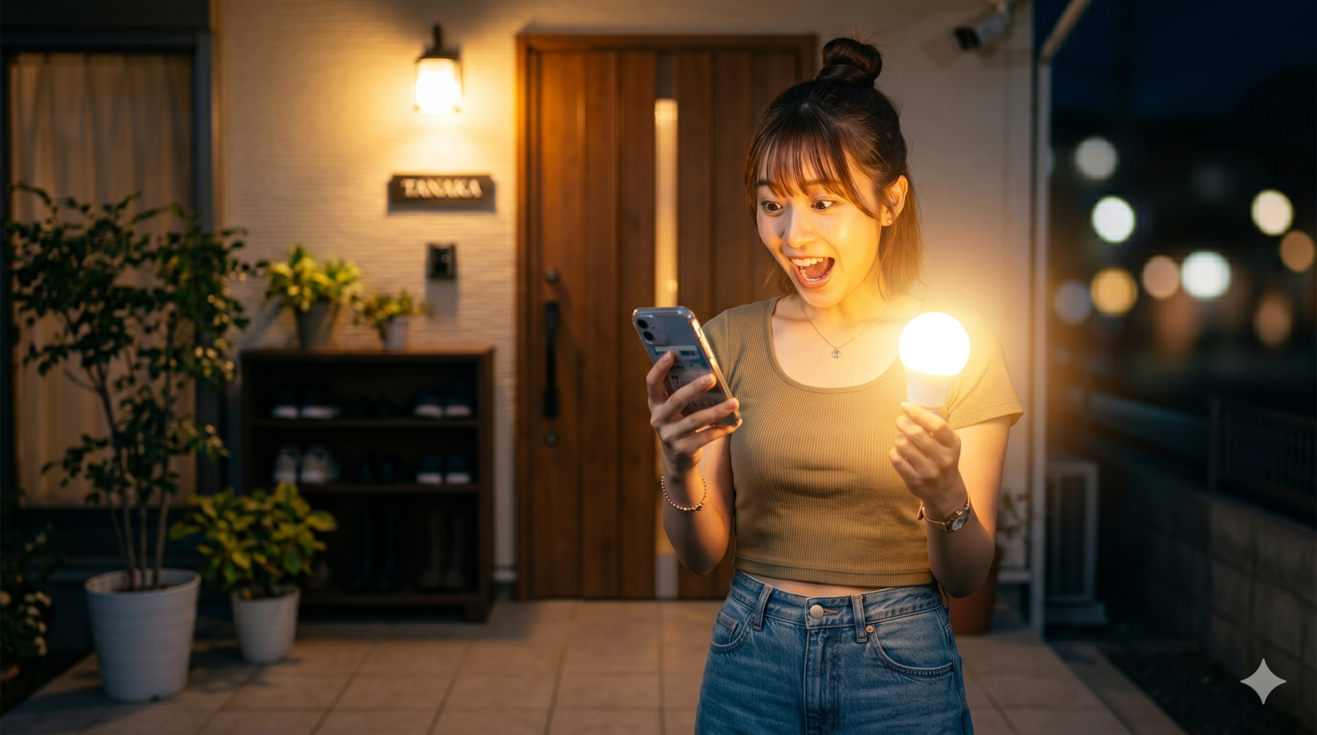 夜の玄関先で光るLED電球とスマホを見て驚く女性