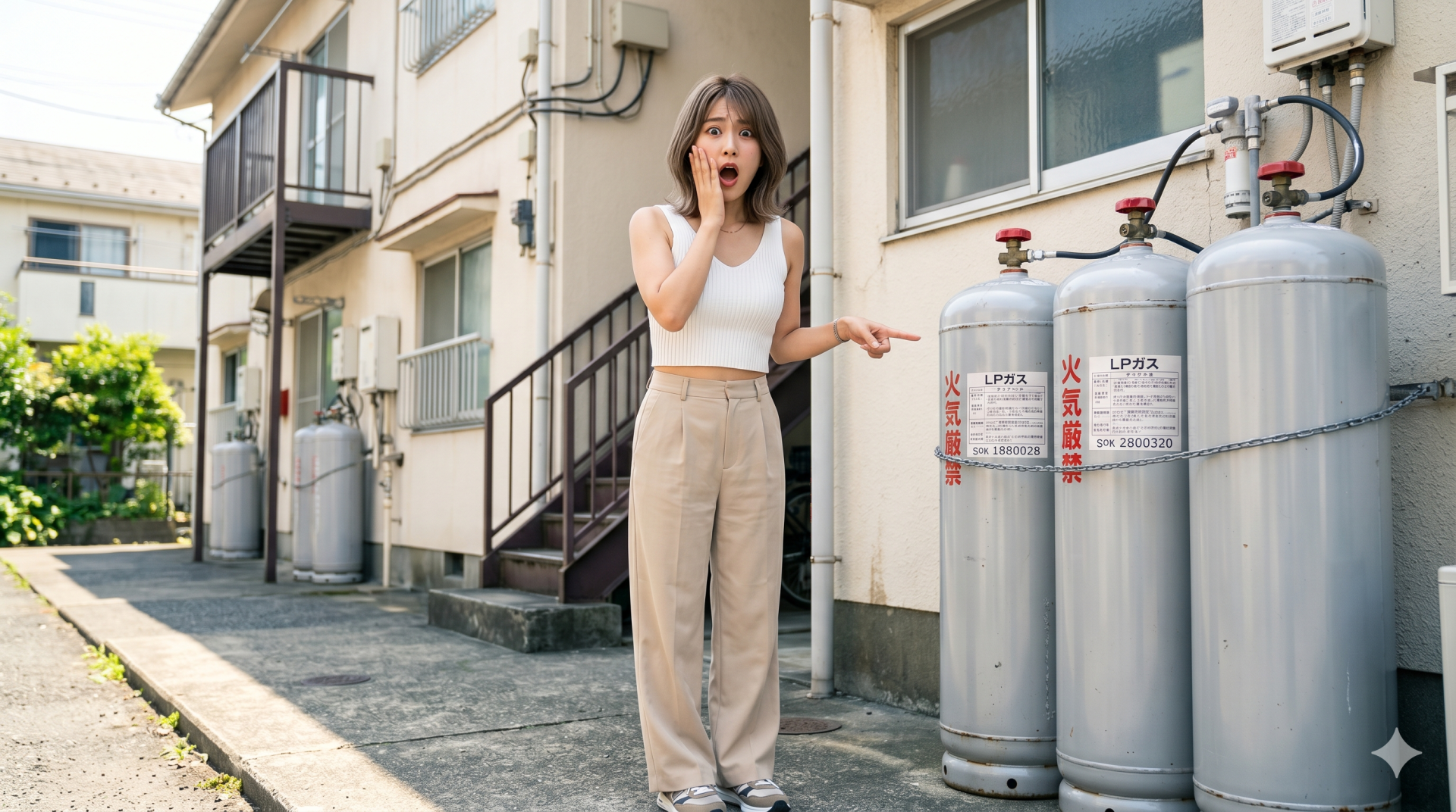 日本のアパートの前で、白いトップスの若い女性が驚いた表情で、巨大な『火気厳禁』のLPガスボンベを指さしています