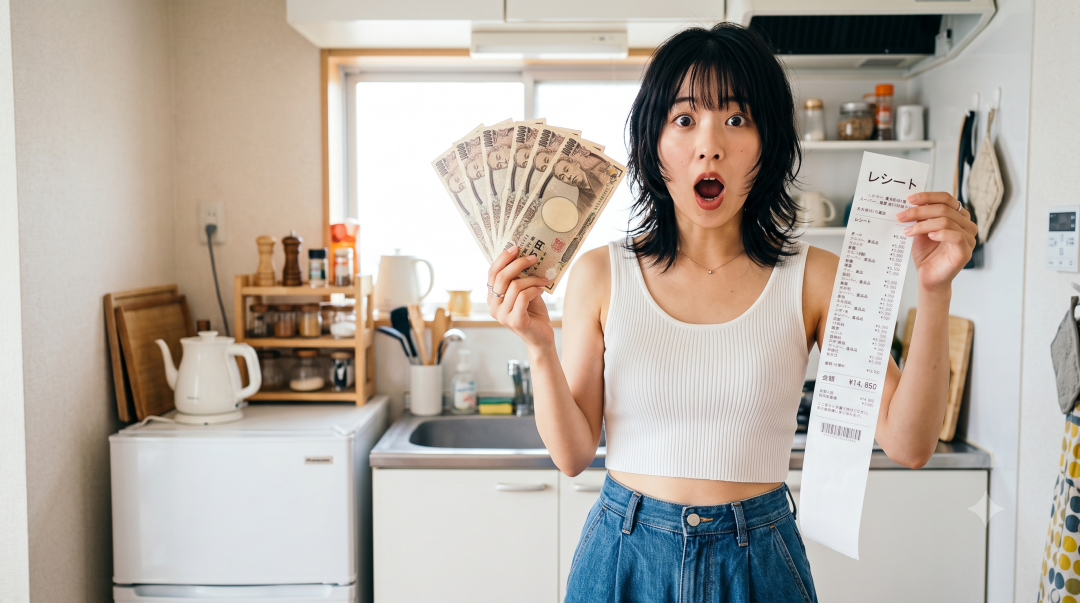 キッチンで一万円札と長いレシートを両手に持ち、目を見開いて驚いた表情をしている若い女性