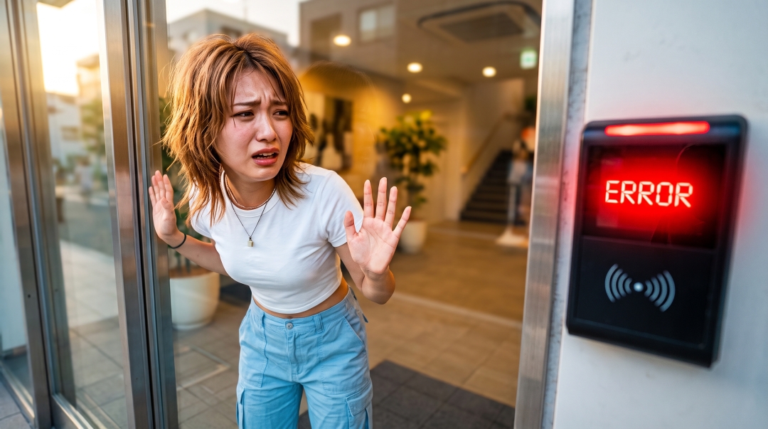 オートロックの認証エラーで締め出され絶望する女性