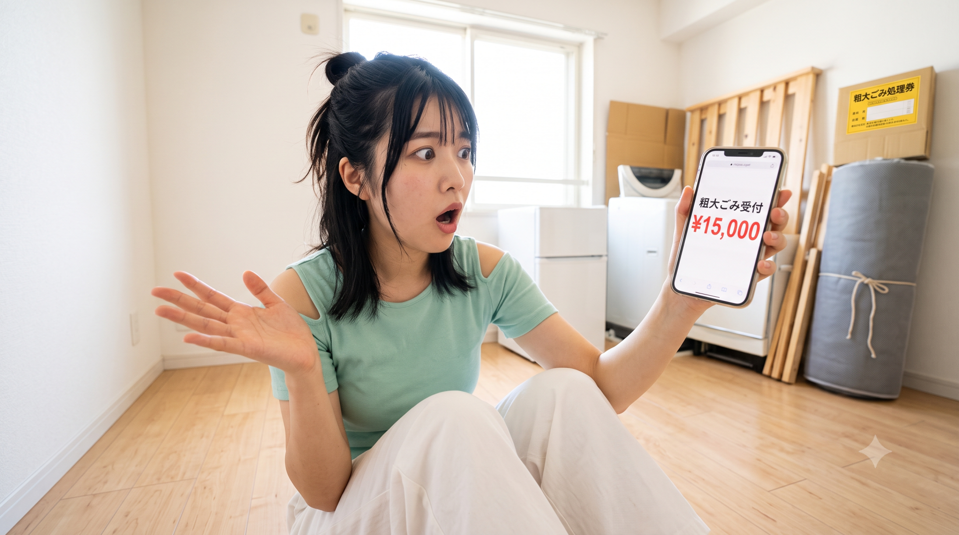 がらんとした部屋で高額な粗大ごみ処理費用に驚く若い日本人女性