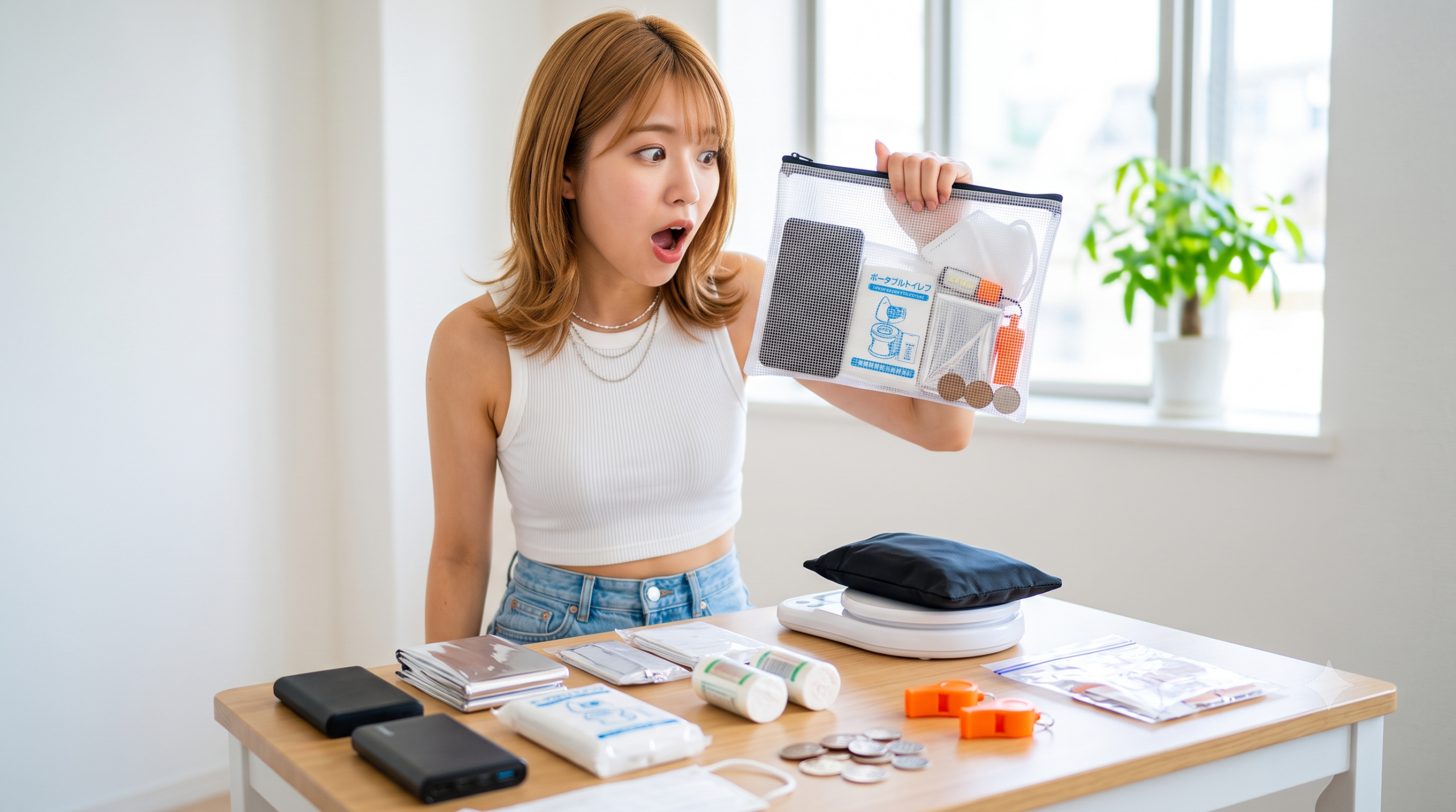 防災ポーチの量に驚く日本人女性
