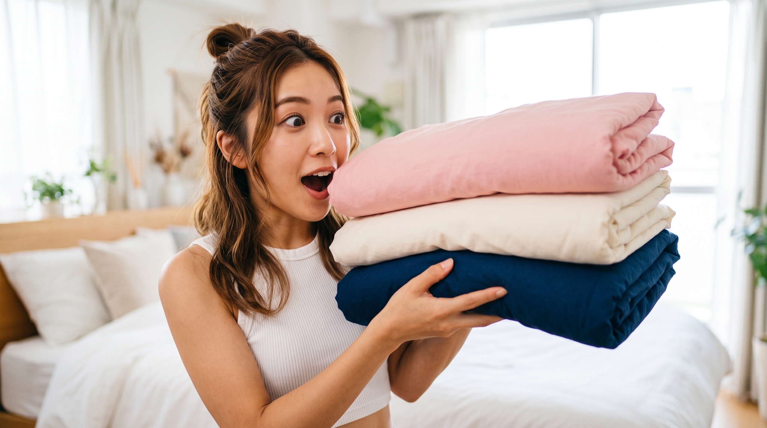 ピンク、アイボリー、ネイビーの3色の寝具カバーを抱え、目を大きく見開いて驚いている若い女性