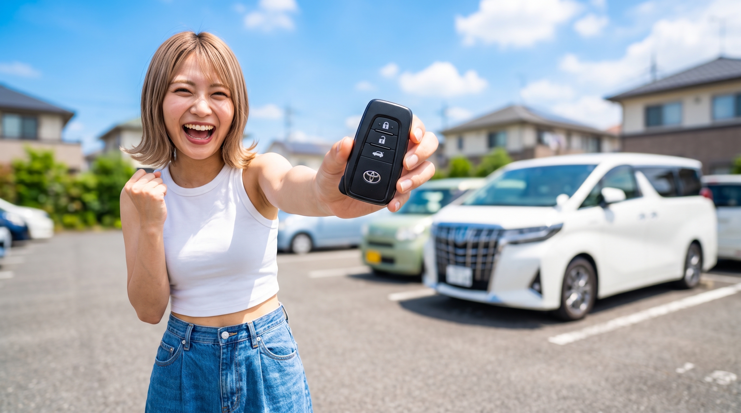 カーシェアで車を貸し出すため、笑顔でスマートキーを差し出して喜ぶ若い女性と背景の白い車