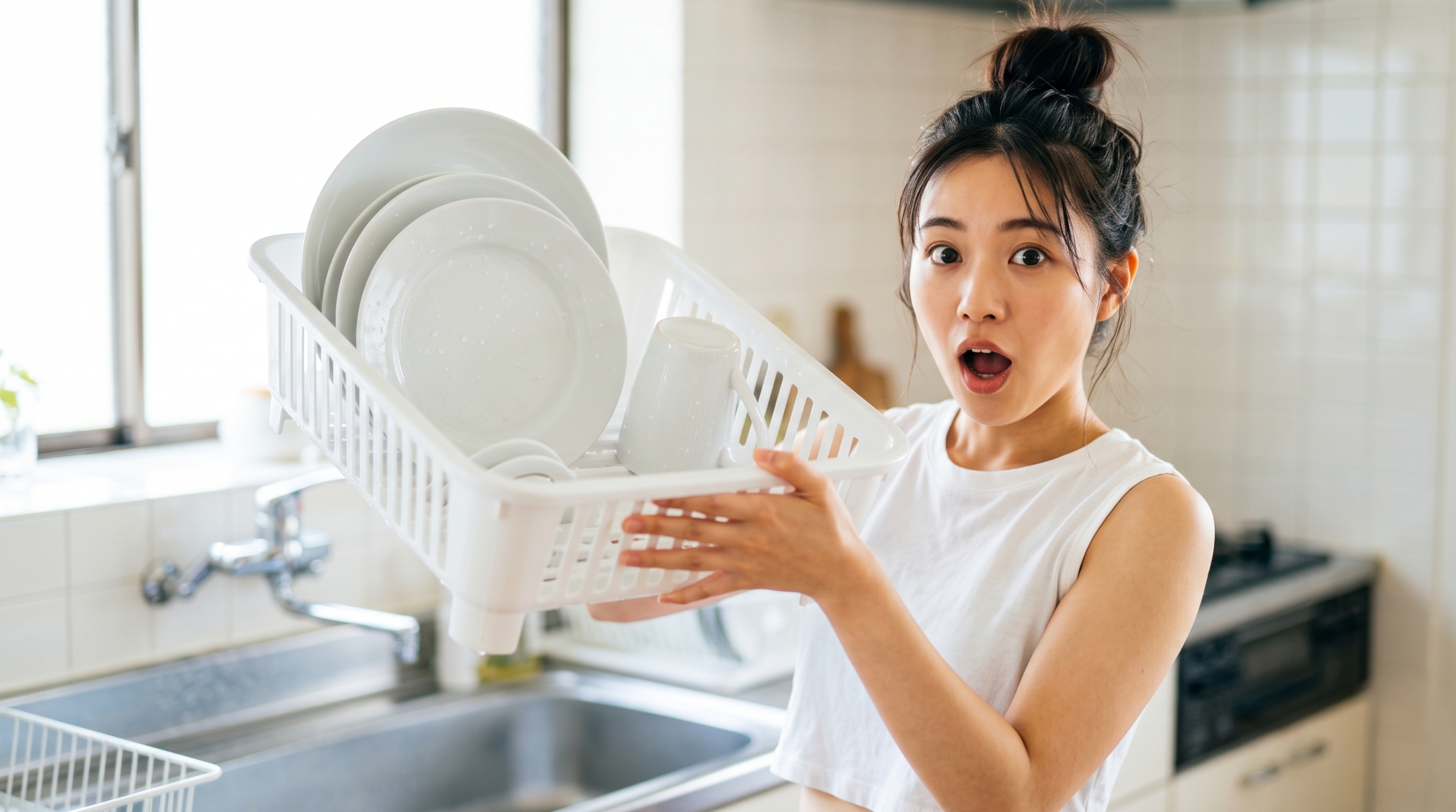 キッチンで水切りかごを持って驚く若い女性