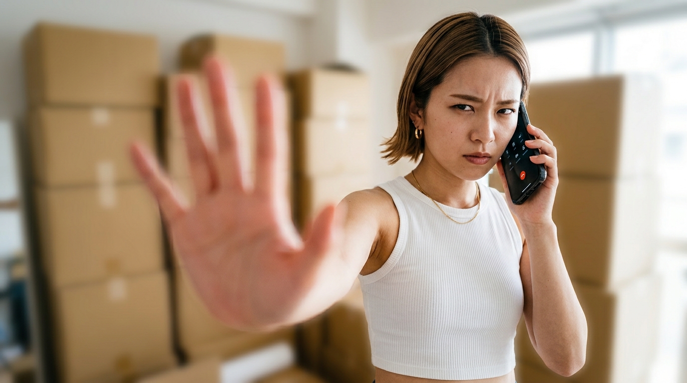 引越し準備中の部屋で、スマートフォンを耳に当てながら、カメラに向かって右の手のひらを突き出し、きっぱりと断る真剣な表情を浮かべる20代前半の日本人女性